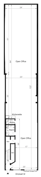 Floorplan of 83 Shotwell St. showing open offices, kitchenette, and Shotwell Street frontage